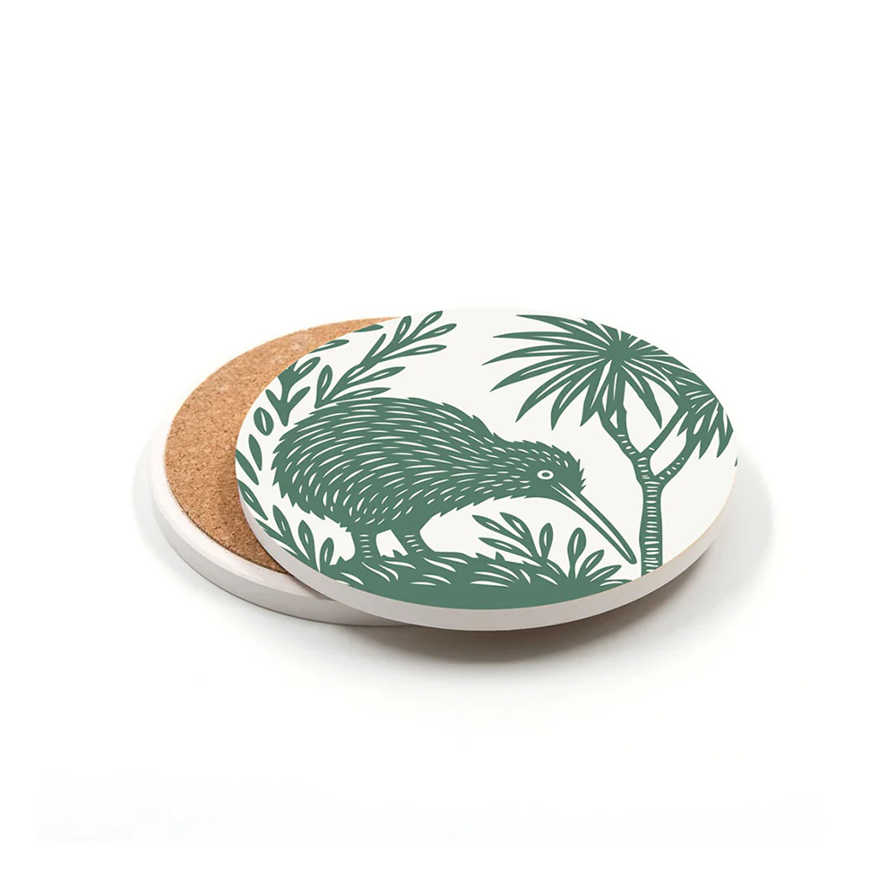 100% NZ Ceramic Coaster Woodcut Kiwi