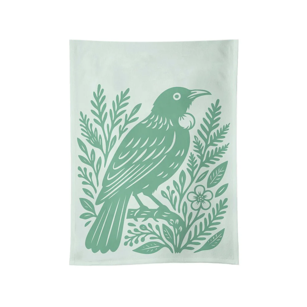 100%NZ Tea Towel Woodcut Tui
