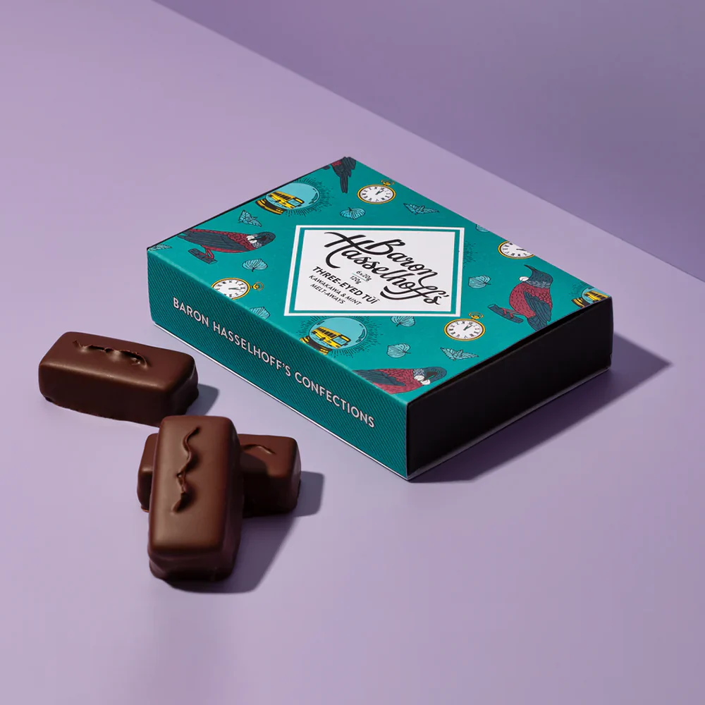 Baron Hasselhoff's Chocolate Three Eyed Tūī  Mint & Kawakawa Meltaways Pack of 6 - Image 3