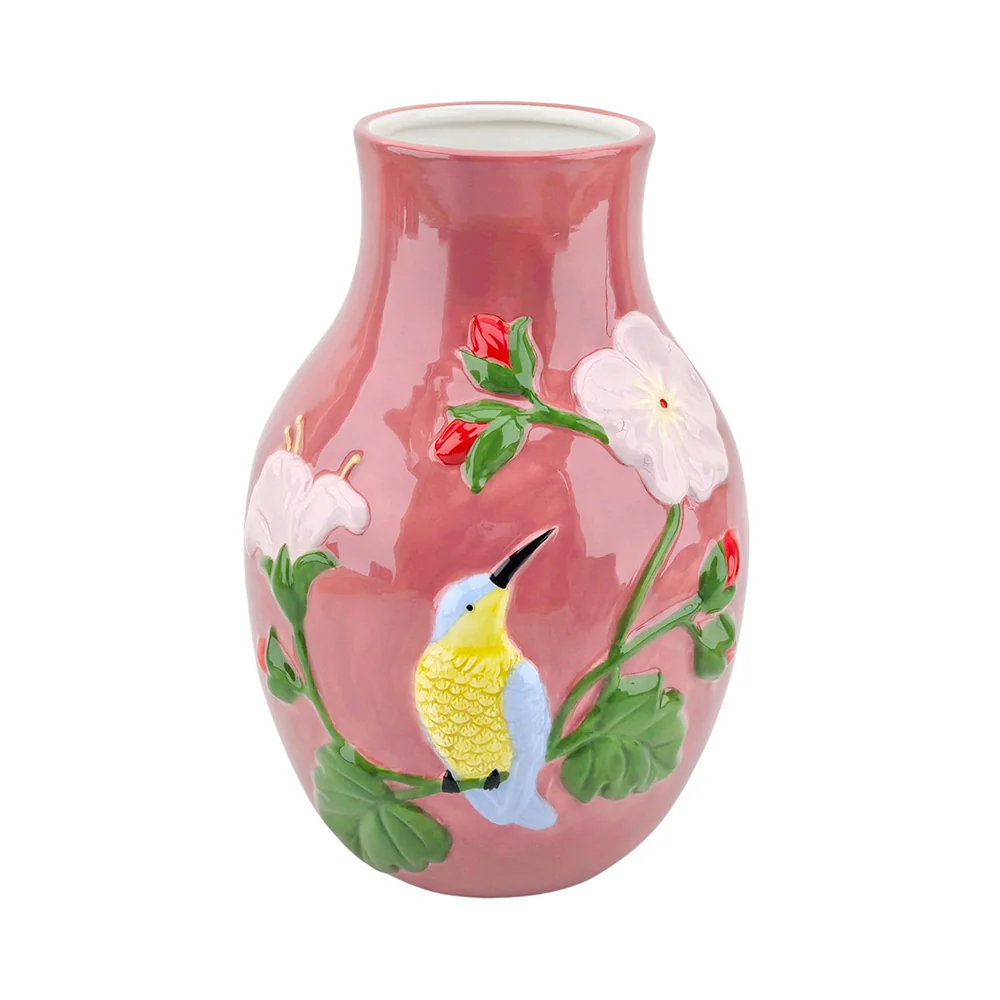 Ceramic Tropical Hummingbird Vase Pink