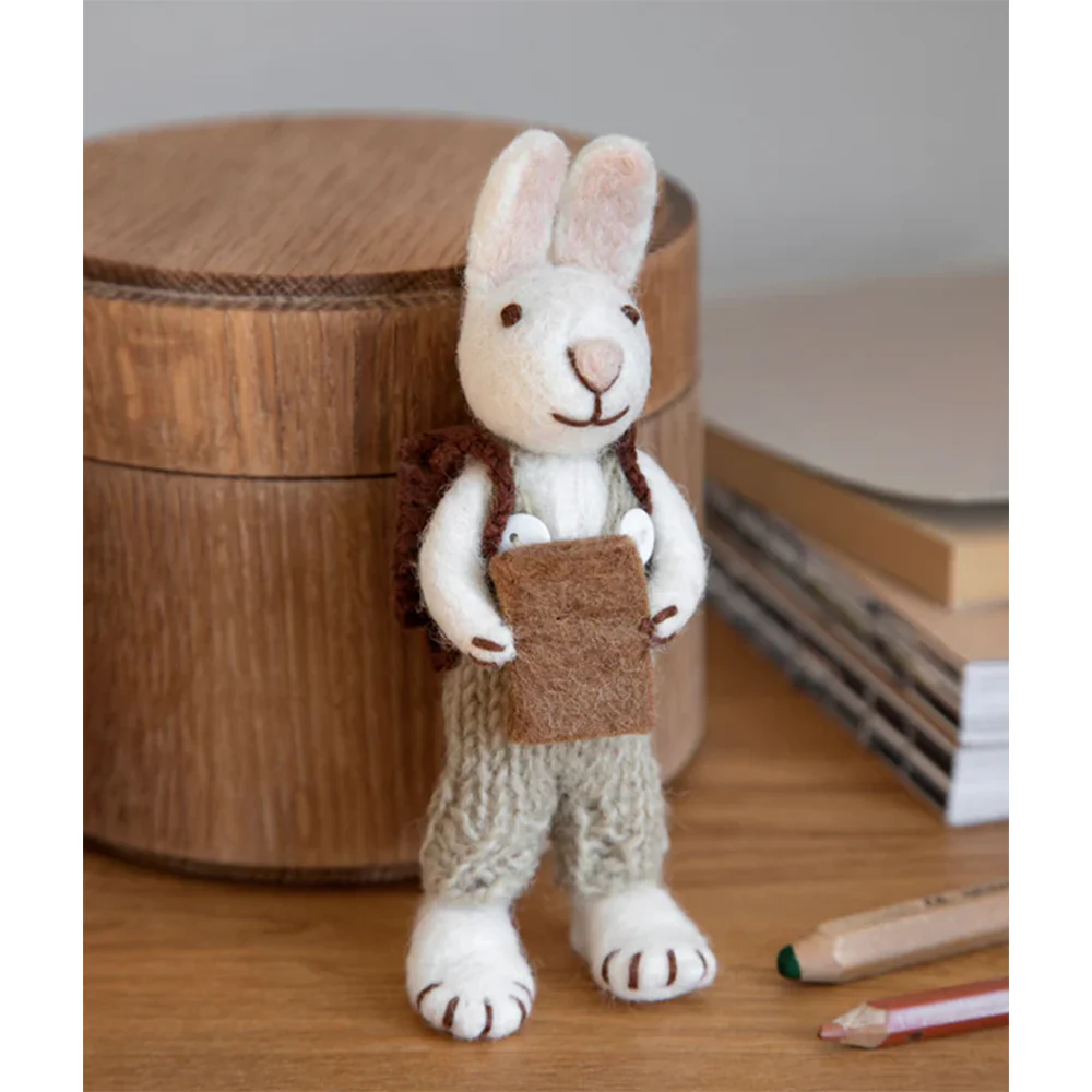 En Gry & Sif Fair Trade Felt Bunny with Grey Overalls and Book - Image 3