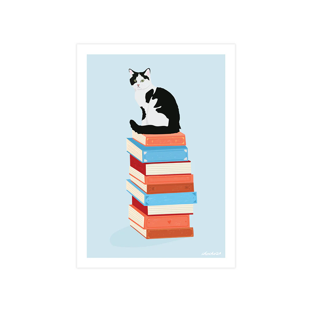 Iko Iko A4 Art Print Bookstack Cat