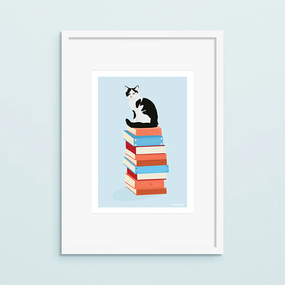 Iko Iko A4 Art Print Bookstack Cat - Image 2