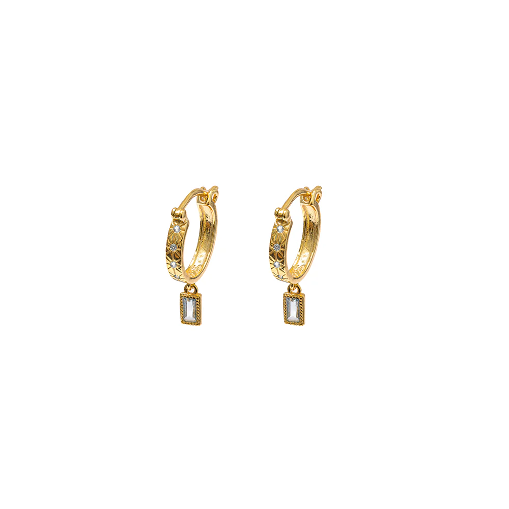 Iko Iko Earrings Mini Hoops Clear CZ Starbursts with Hanging CZ Gold