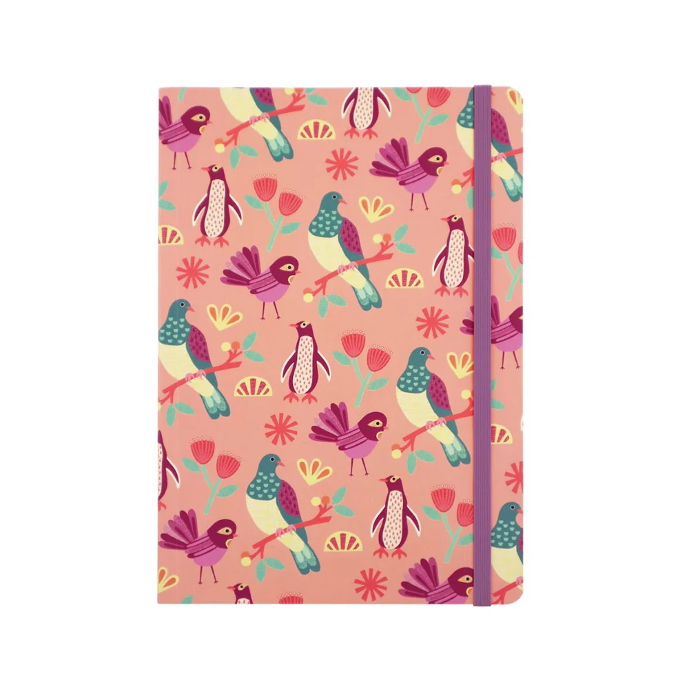 Kiwiana A5 Notebook with Band Birds Peach