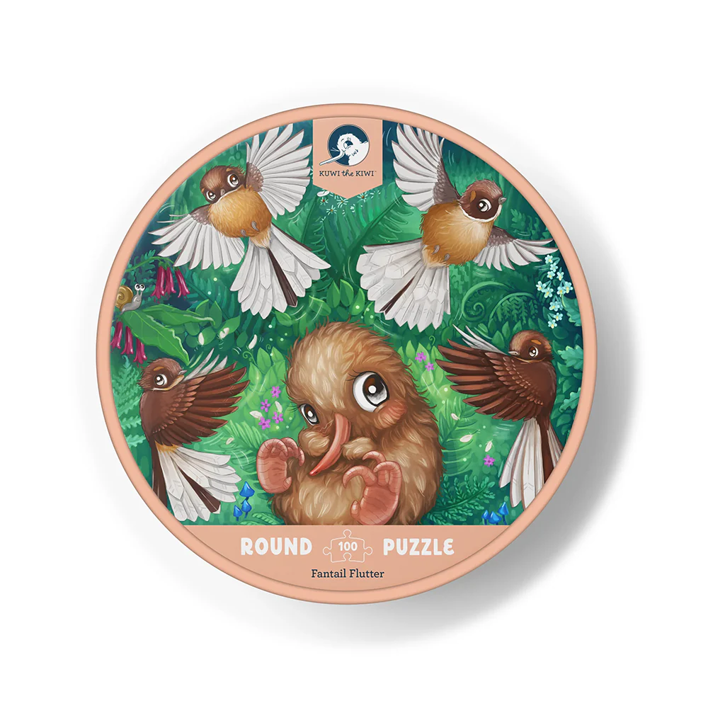 Kuwi the Kiwi Fantail Flutter Round 100 Piece Puzzle