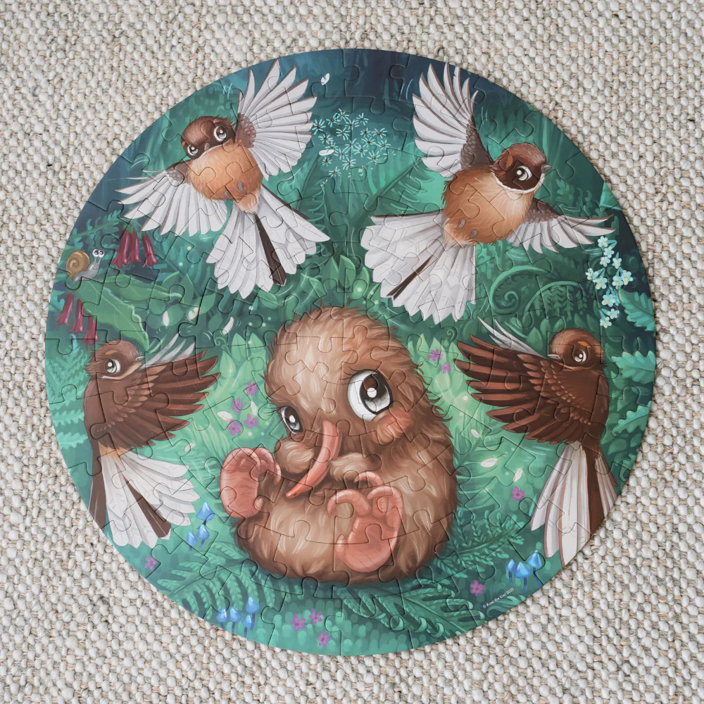 Kuwi the Kiwi Fantail Flutter Round 100 Piece Puzzle - Image 4