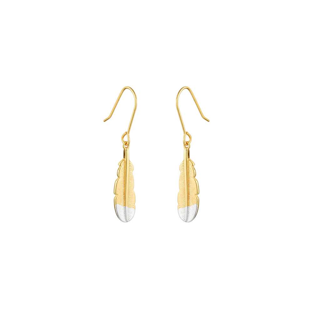 Little Taonga Earrings Huia Feather Gold with Silver Tip