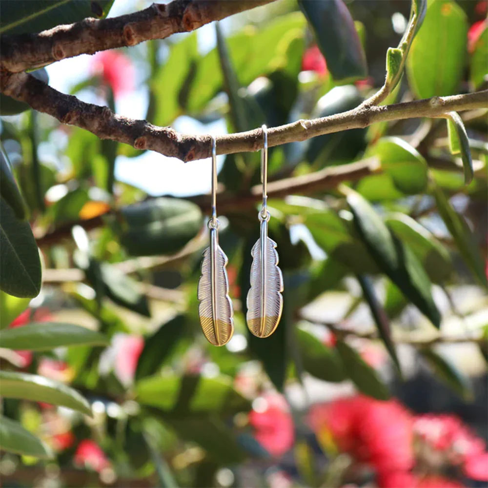 Little Taonga Earrings Huia Feather Silver with Gold Tip - Image 2