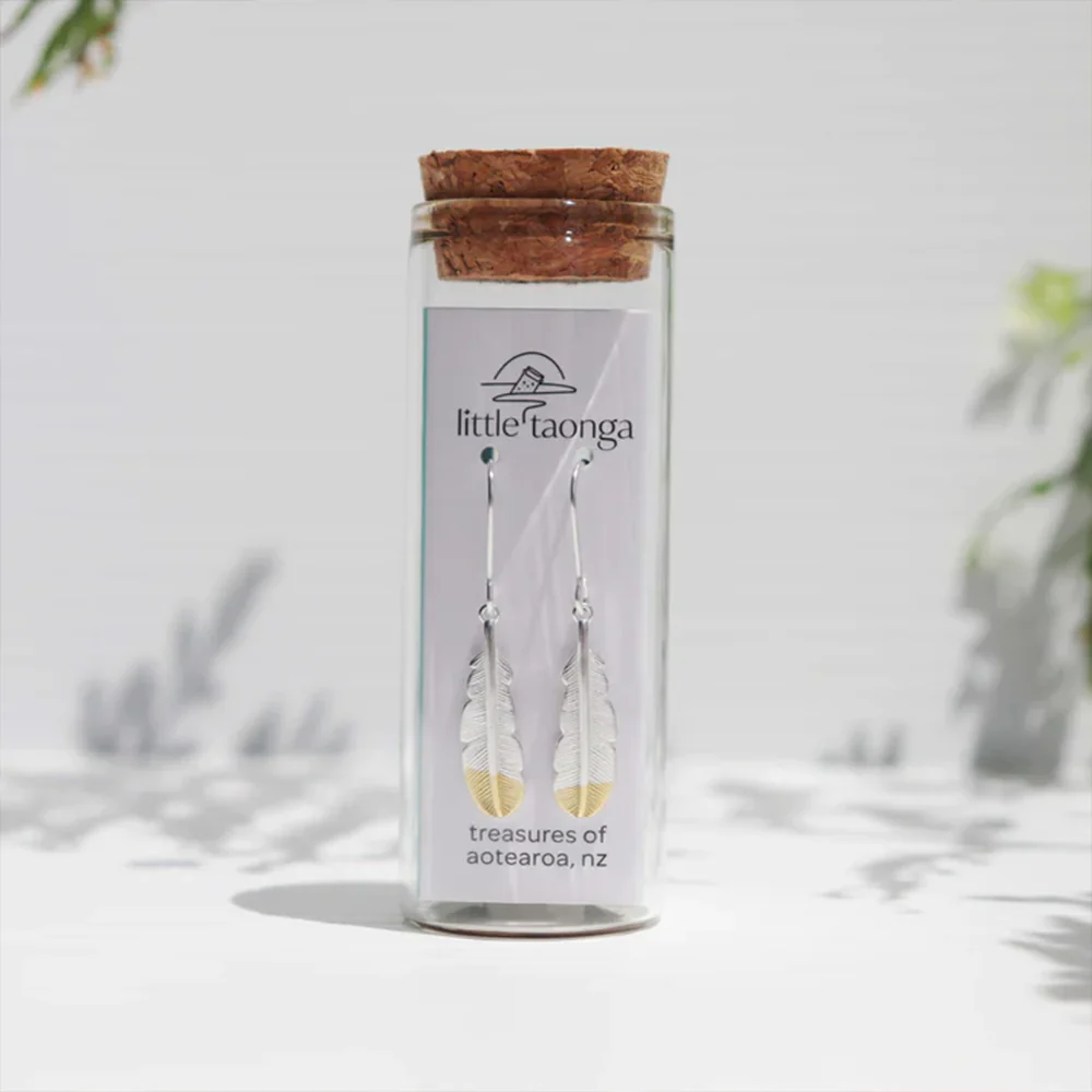 Little Taonga Earrings Huia Feather Silver with Gold Tip - Image 3