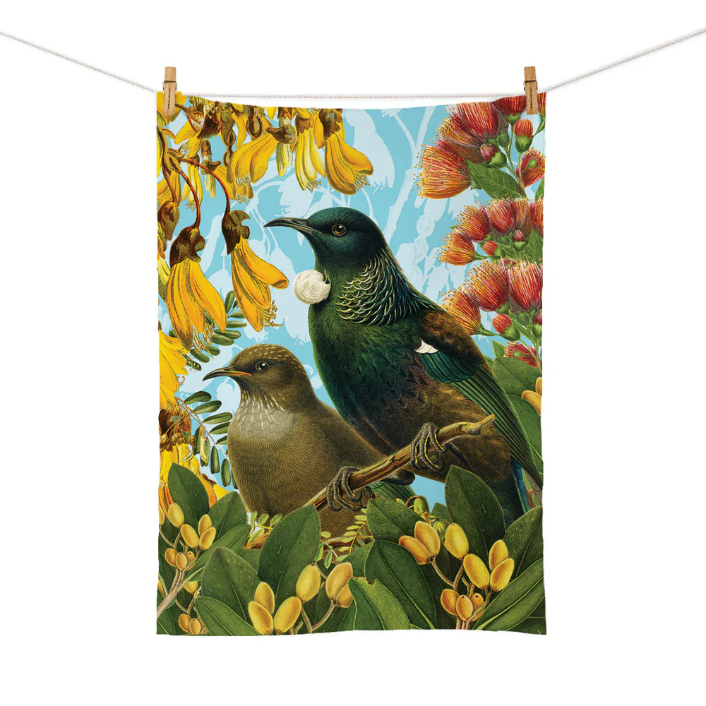 New Zealand Retro Tea Towel Botanical Tūī